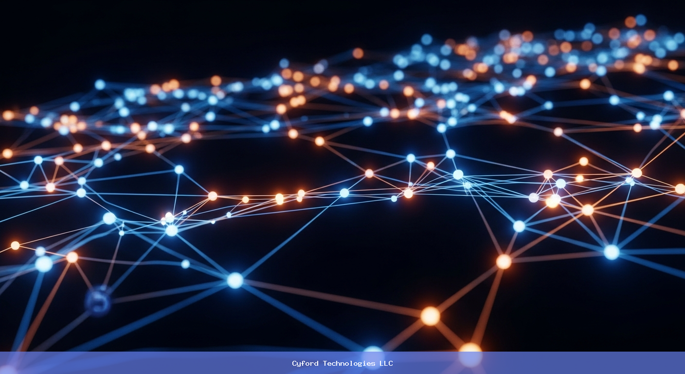 Abstract technology background showing glowing network nodes and data connections in blue and orange